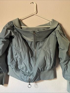 NWT Rehab Blue Satin Lined Off-The-Shoulder Cropped Bomber S/M